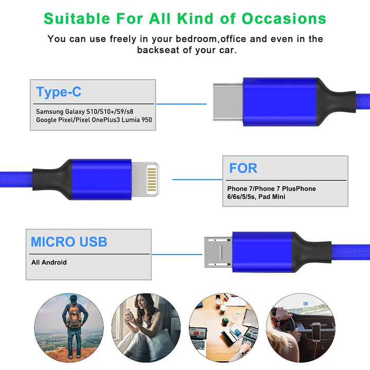Multi 3 in 1 USB Long iPhone Charging Cable, 3M/10Ft Nylon Braided Universal Phone Charger Cord USB C/Micro USB/Lightning Connector Adapter for Android/Apple/Samsung/LG/Pixel/Huawei/XiaoMi(Blue)
