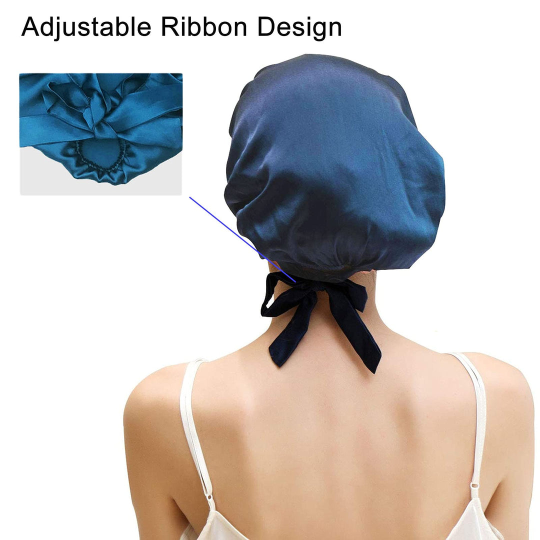 Silk Bonnet Satin Bonnet for Natural Hair Stretchy Mulberry Silk Sleep Cap for Women Long/Curly Hair Care Silk Night Bonnet with Adjustable Ribbons Smooth Soft Breathable Sleep Cap (Blue)