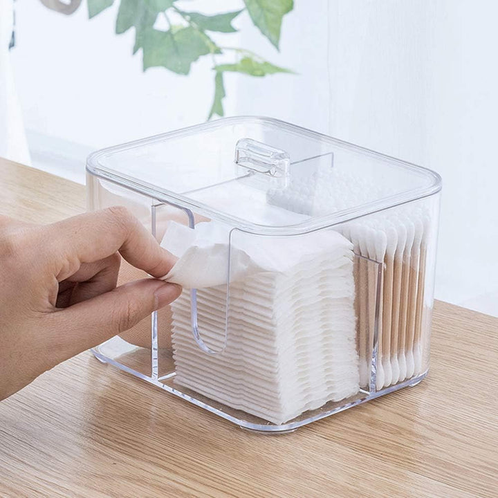 Cotton Swab Balls Box Cotton Pads Holder Organizer Holder Dispenser Storage Canister Cosmetic Pads Container Flossers Case 4-Grid Bathroom Countertop Vanity,Acrylic Crystal Clear