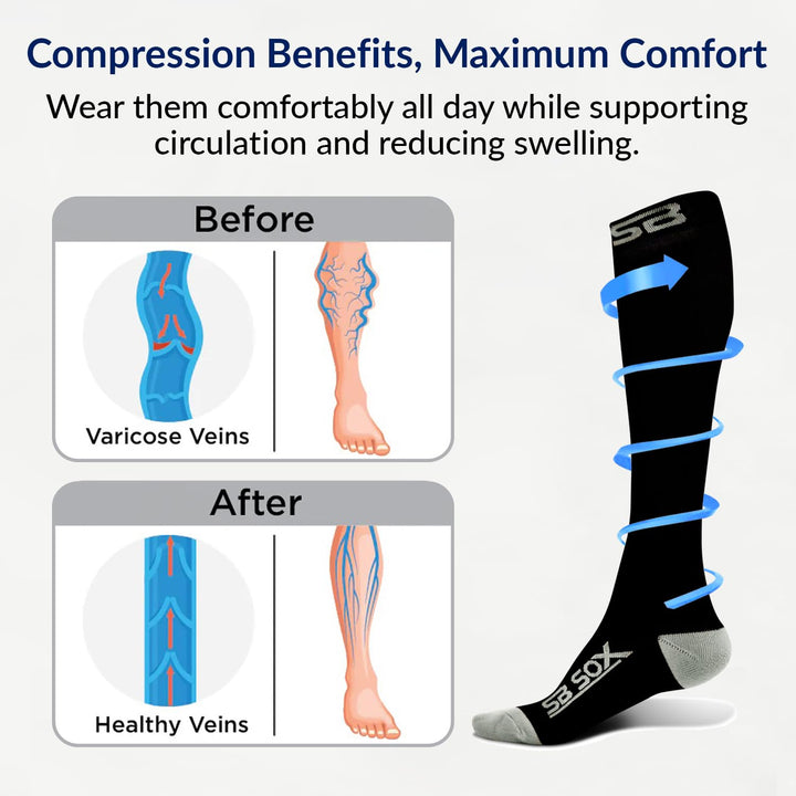 Compression Socks (20-30mmHg) for Men & Women – Best Compression Socks for All Day Wear, Better Blood Flow, Swelling! (Large, Gray/Black)