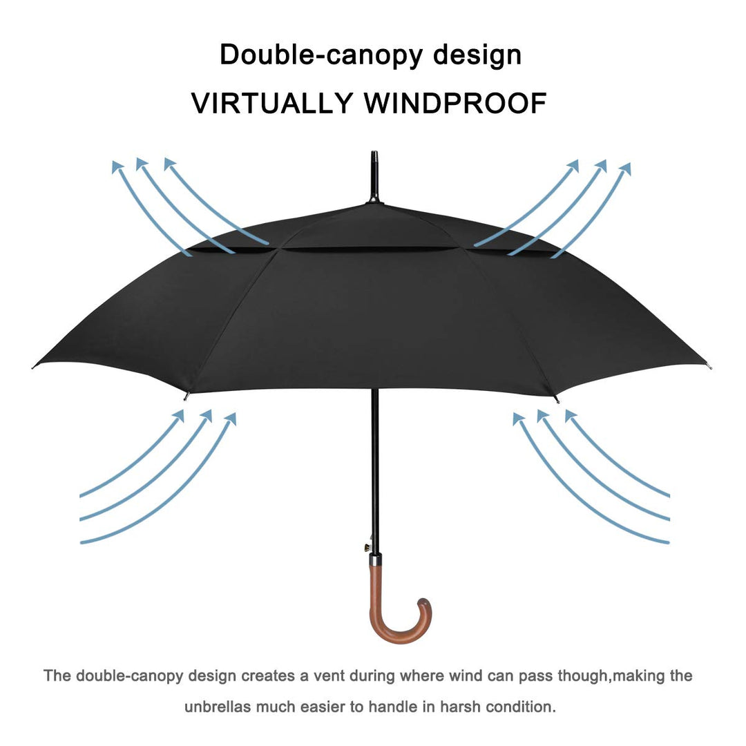 52/62inch Wooden J Handle Golf Umbrella Windproof Classic Stick Wedding Cane Umbrellas, Auto Open Cane Hook Handle