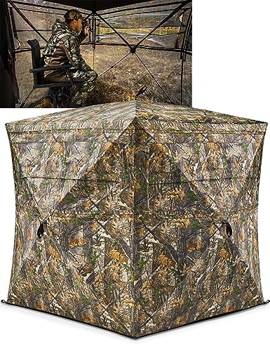 Hunting Blind See Through with Carrying Bag, 2-3 Person Pop Up Ground Blinds 270 Degree, 300D Portable Resilient Hunting Tent for Deer & Turkey Hunting (Camouflage)
