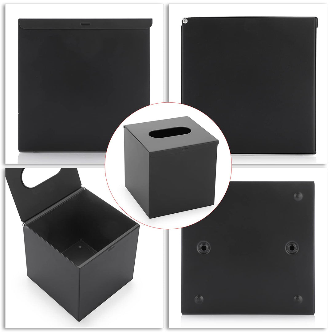 Square Tissue Box Cover - Stylish Cube Stainless Steel Tissue Box Holder, Modern Metal Facial Tissue Holder for Dresser Table Night Stand Bathroom Vanity Home Office Bar Wall Decor, Black
