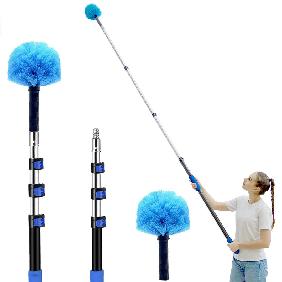 20 Foot Cobweb Duster with Extension Pole 2 PCS, Webster Cobweb Duster for High Ceilings/Corners, Spider Web Brush with Pole for Outdoor & Indoor Web Cleaning, Outdoor Cobweb Brush Kit