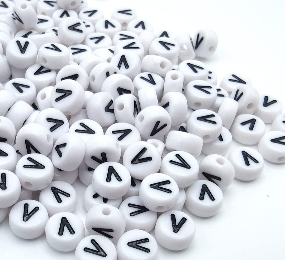 100PCS Letter Beads White Round Acrylic Alphabet Beads Letter V Beads for Jewelry Making Bracelets Necklaces Key Chains DIY 4X7mm