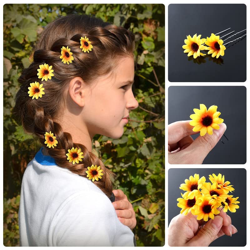10 Pieces Sunflower Hair Pins Floral Hair Clips with 2 Pieces Sunflower Wreath for Women and Girls, Performances, Parties, Weddings, Festivals