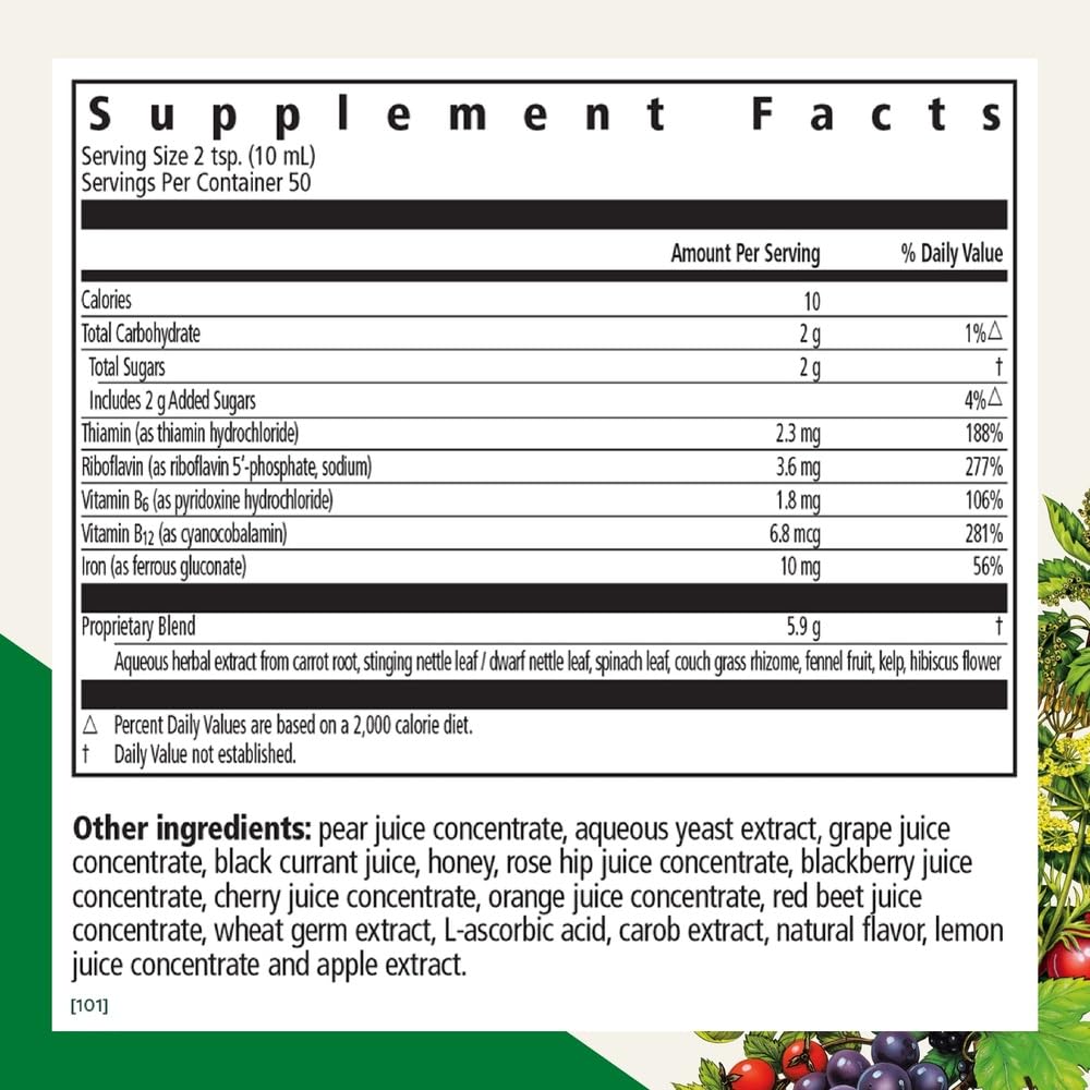 by Salus Iron & Herbs - Liquid Herbal Supplement for Energy Support - Iron Supplement with Vitamin C & B Complex Vitamins - for Men & Women - 17 Fl Oz