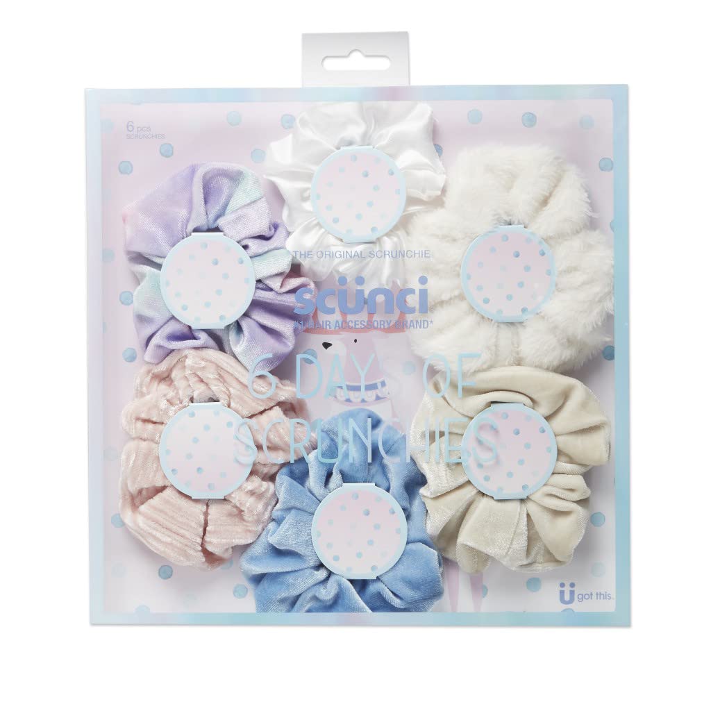 The Original Scrunchie® Girls Fashion Gift Set Includes 6 Unique Designs: Pastel Rainbow Velvet, Cream Velour, Pink Velvet, White Faux Fur, Blue Velour, White Satin in Presentation Box