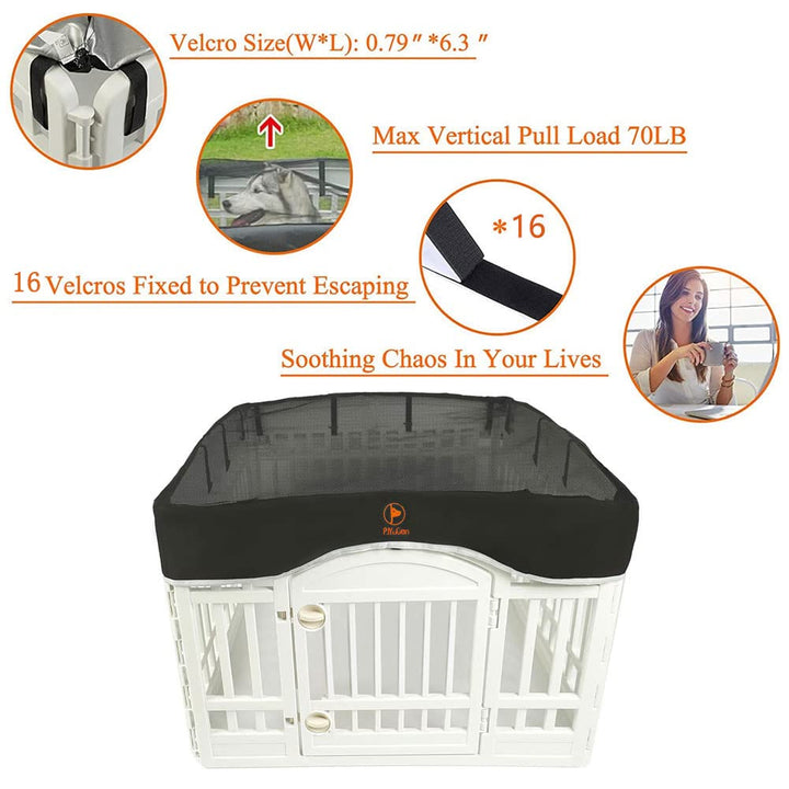 Dog Playpen Mesh Top Cover, Fits 36 Inch 4 Panels Regular Square Plastic Exercise Pet Pen, Adhesive Tape Connections, Black (Note: Cover Only, Fence Not Included)