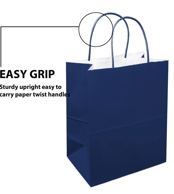 12 Counts Food Safe Premium Paper and Ink Medium 10” X 8”, Vivid Colored Kraft Bag with Colored Sturdy Handle, Perfect for Goodie Favor DIY Bag, Environmentally Safe (Medium, Navy)