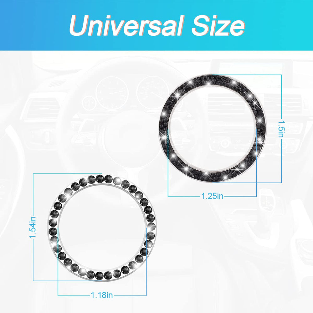 Car Bling Crystal Rhinestone Engine Start Ring Stickers, 1 Single Drainage Drill and 1 Double Drainage Drill Car Start Button Cover, Key Ignition Knob Bling Ring Decals, Bling Car Accessories(Black)