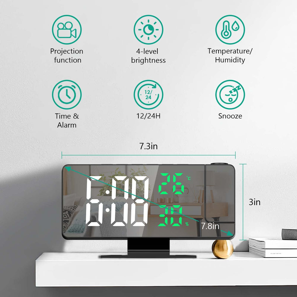 Projection Alarm Clock, LED Alarm Clock, 7.8 Mirror Display Bedroom Clock with 180° Rotatable Projector, Temperature Humidity Display, USB Charging Port, Snooze, Adjustable Brightness