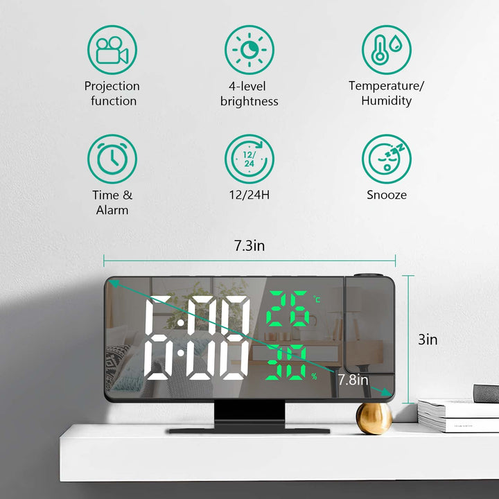 Projection Alarm Clock, LED Alarm Clock, 7.8 Mirror Display Bedroom Clock with 180° Rotatable Projector, Temperature Humidity Display, USB Charging Port, Snooze, Adjustable Brightness