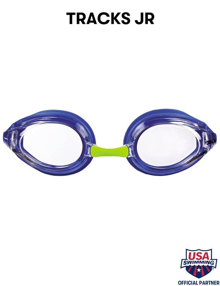 Arena Tracks Unisex Junior Youth Essential Racing Swim Goggles Kids Swimmers Young Racers 6-12 Anti-Fog Coated Non-Mirror Lens, Clear/Blue