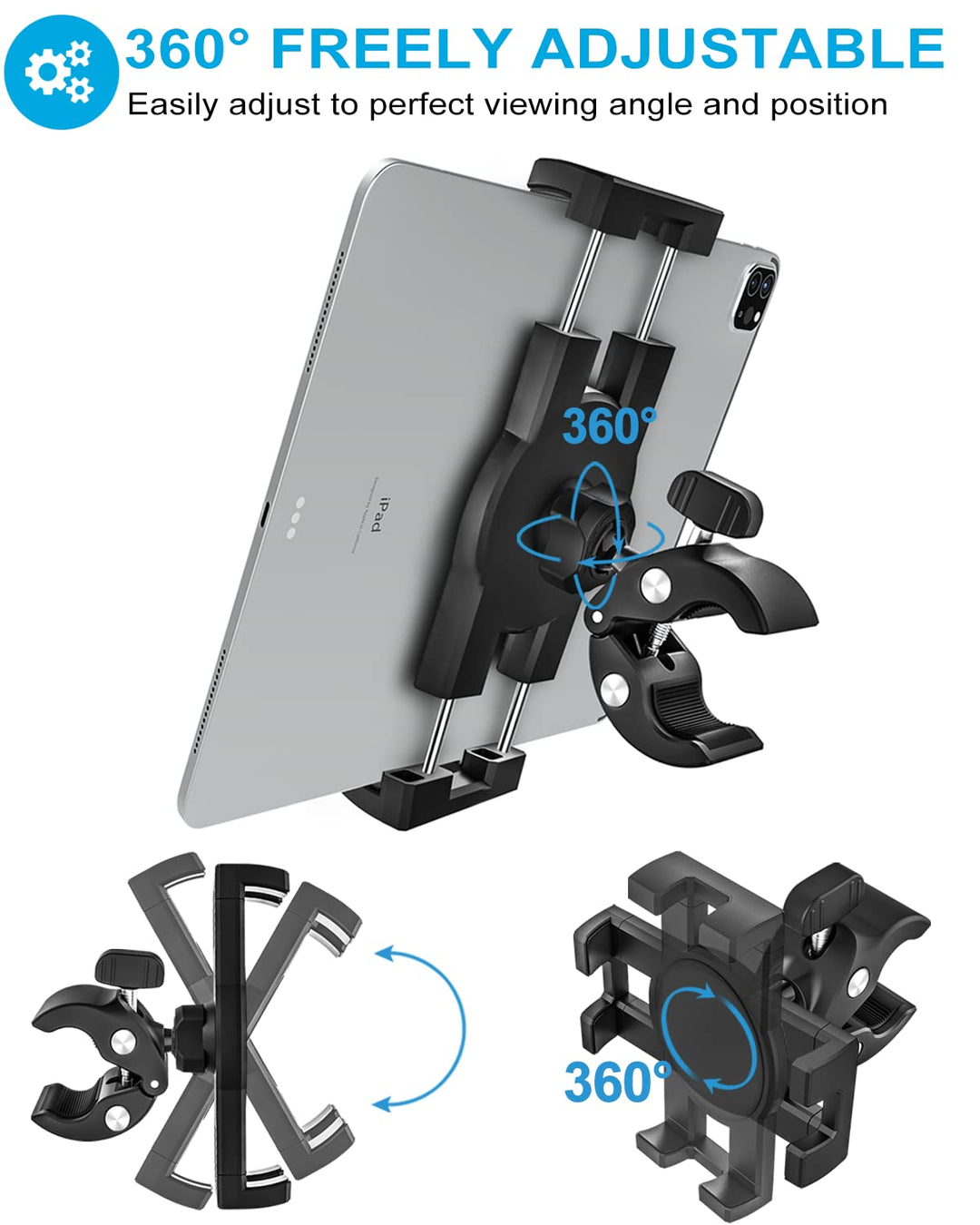 Bike Tablet Mount, Motorcycle Bicycle Tablet Holder, Cycling Handlebar Tablet Clamp with 360 Rotation for iPad Pro/Air/Mini, iPhone, Samsung Galaxy Tabs, More 4.7-13 Cellphones and Tablets