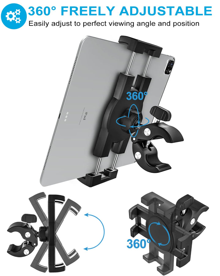 Bike Tablet Mount, Motorcycle Bicycle Tablet Holder, Cycling Handlebar Tablet Clamp with 360 Rotation for iPad Pro/Air/Mini, iPhone, Samsung Galaxy Tabs, More 4.7-13 Cellphones and Tablets