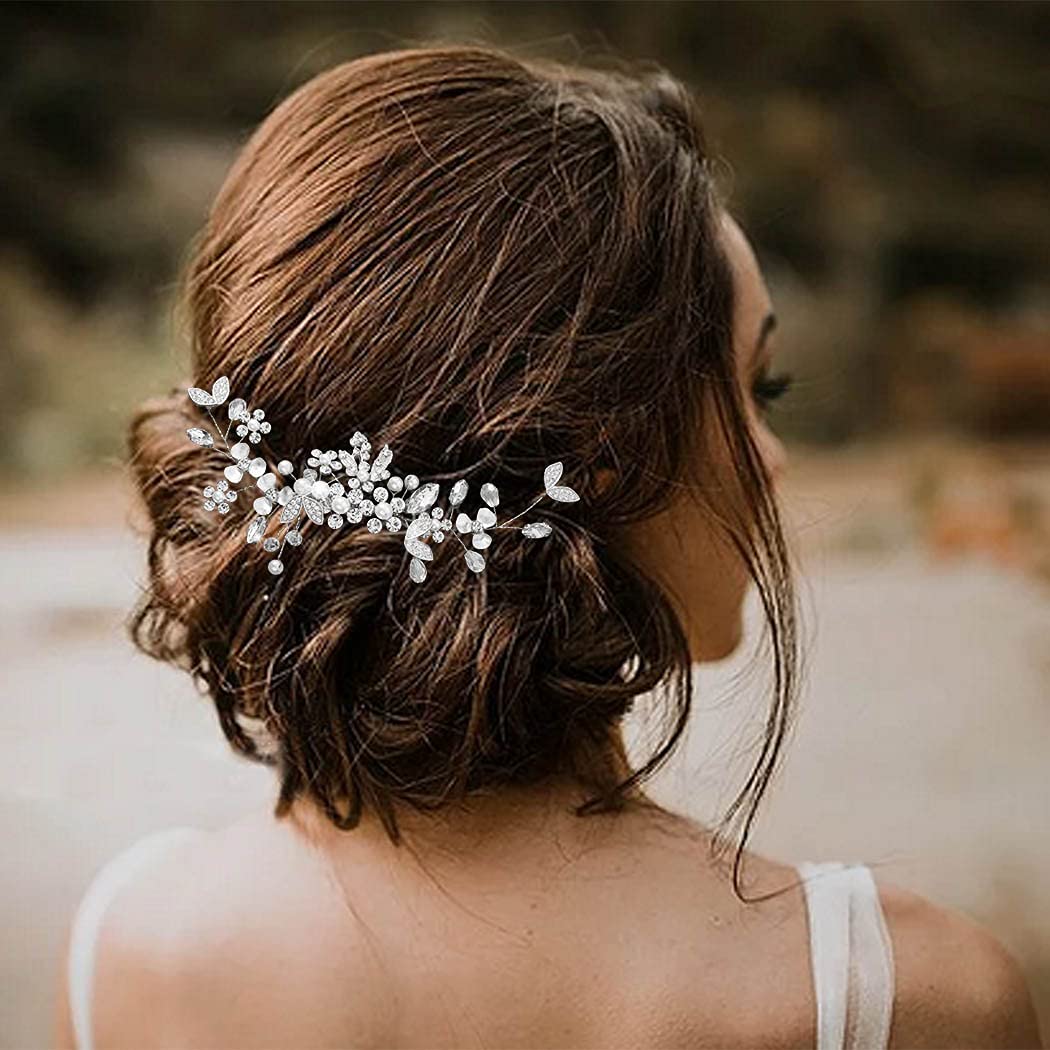 Bride Wedding Leaf Hair Combs Delicate Crystal Bridal Headpieces Flower Hair Accessories for Women and Girls (Silver)