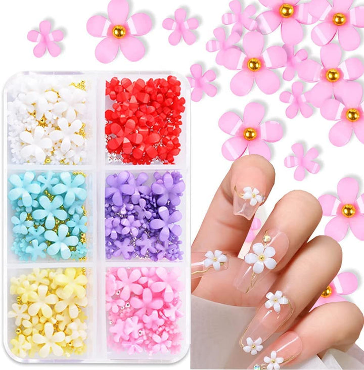 Flower Nail Art Charms 6 Boxes Luxury 3D Flower Nail Art Supplies White Pink Purple Flower Light Change Gold Silver Beads Design DIY Acrylic Nail Art Accessories for Women Girls