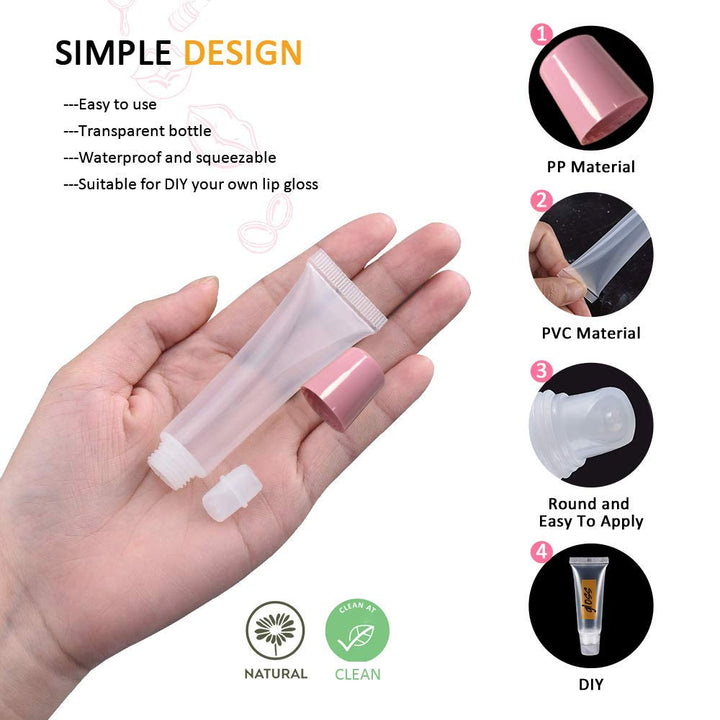 50PCS Lip Gloss Tubes Empty 10ml Pink Cap Lip Gloss Containers Lip Balm Tubes Cute Squeeze Tubes Lipgloss Making Supplies + 2 x 20ml Syringes Tag Labels for Lip Gloss Base