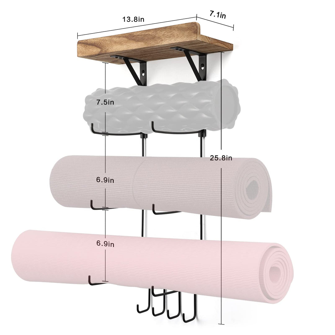 Yoga Mat Holder Wall Mount Yoga Mat Storage Home Gym Accessories with Wood Floating Shelves and 4 Hooks for Hanging Foam Roller and Resistance Bands Fitness Home Gym Carbonized Black