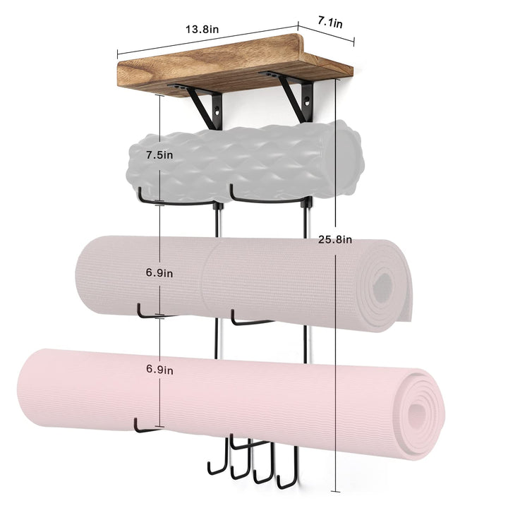 Yoga Mat Holder Wall Mount Yoga Mat Storage Home Gym Accessories with Wood Floating Shelves and 4 Hooks for Hanging Foam Roller and Resistance Bands Fitness Home Gym Carbonized Black