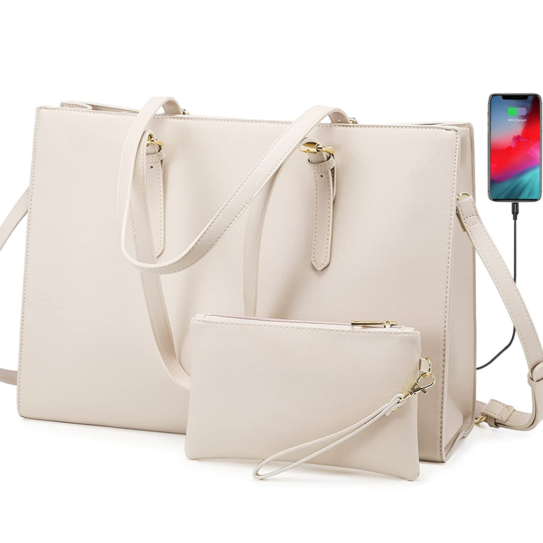 Laptop Bag for Women, Fashion Computer Tote Large Capacity Handbag, Leather Shoulder Bag Purse Set, Professional Business Work Briefcase for Office Lady, 2PCs, 15.6-Inch, Beige White