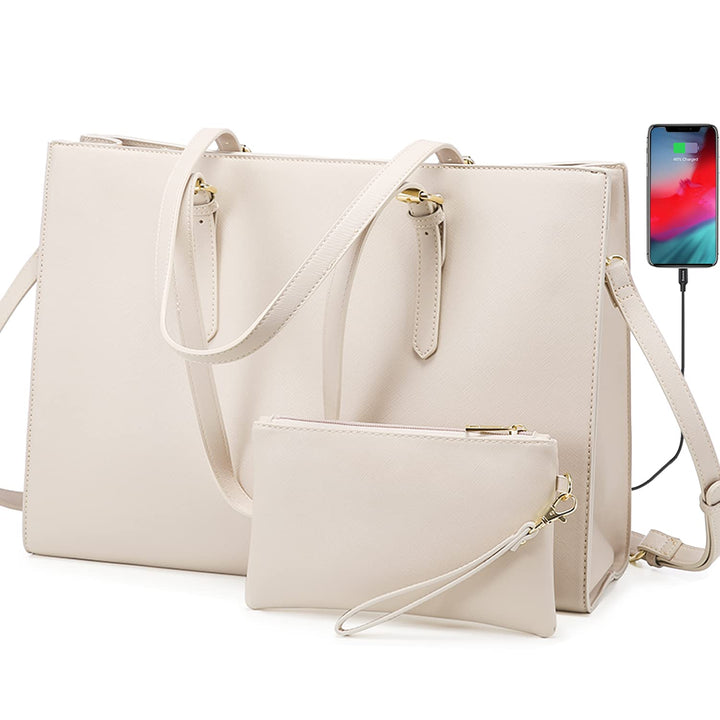 Laptop Bag for Women, Fashion Computer Tote Large Capacity Handbag, Leather Shoulder Bag Purse Set, Professional Business Work Briefcase for Office Lady, 2PCs, 15.6-Inch, Beige White