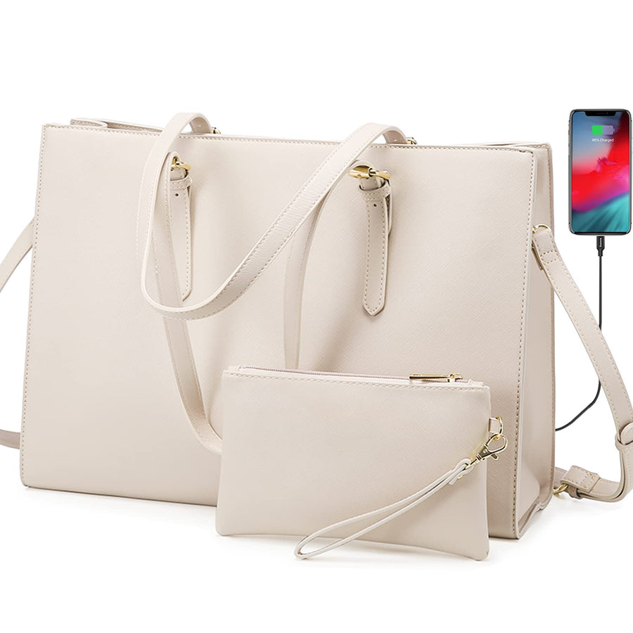 Laptop Bag for Women, Fashion Computer Tote Large Capacity Handbag, Leather Shoulder Bag Purse Set, Professional Business Work Briefcase for Office Lady, 2PCs, 15.6-Inch, Beige White