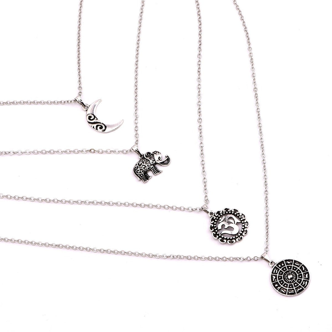 Boho Multi layer Silver Long Necklace for Women and Teen Girls with Moon Elephant Rune Pendant Choker Party Jewelry