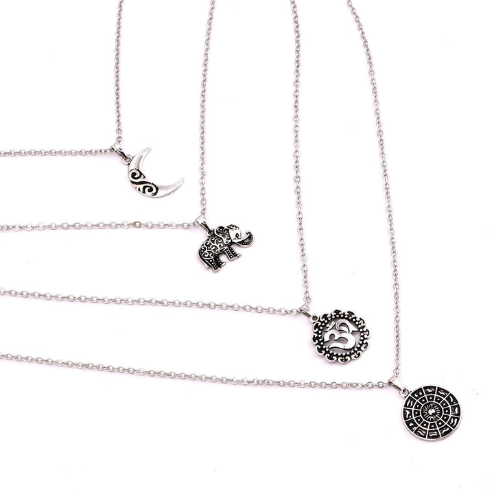 Boho Multi layer Silver Long Necklace for Women and Teen Girls with Moon Elephant Rune Pendant Choker Party Jewelry