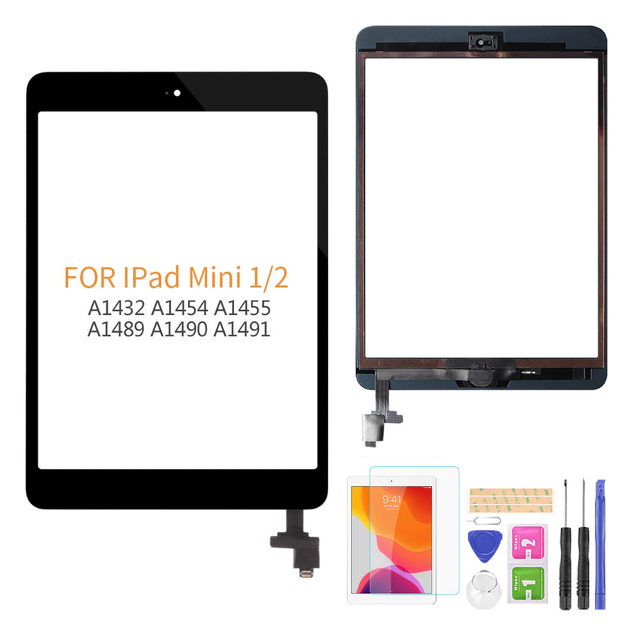 Screen Replacement For IPad Mini 1 A1432 A1454 A1455/IPad Mini 2 A1489 A1490 A1491 Touch Digitizer Parts, Include IC Chip,Home Button,Cameral Holder,with Screen Protector+Repair Tools (Black)