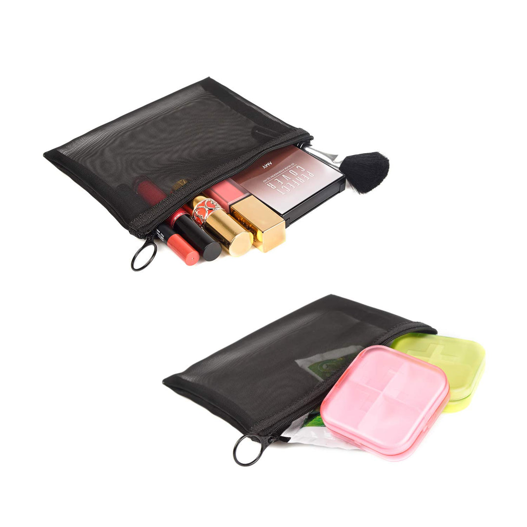 Patu Zipper Mesh Bags, Size M / A6, 5 Pieces, Beauty Makeup Cosmetic Accessories Organizer, Travel Toiletry Kit Set Storage Pouch, Black