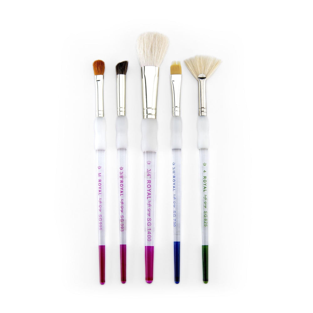 Soft Grip 5pc Assorted Hair Texture Paint Brush Set, Includes - Deerfoot, Comb, Mop & Fan Brushes