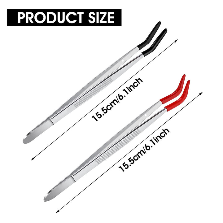 2 Pieces Rubber Tips Tweezers, Curved Tweezers Stainless Steel Tweezers with Rubber Tips Black Flat Tip Long Tweezer Red Bent Tip Tweezers for Crafts Repairing Jewelry Craft Tool