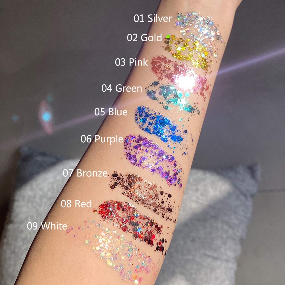 Mermaid Sequins Chunky Glitter Liquid Eyeshadow Glitter Body Gel Festival Glitter Cosmetic Face Hair Nails Makeup Long Lasting Sparkling 30g (#09 White)