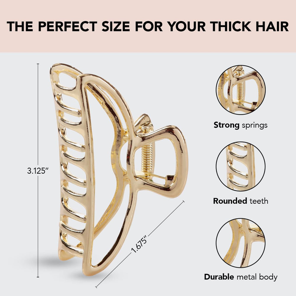 Kitsch Metal Claw Hair Clip Large Hair Accessory for Women, 3 Inches Wide (Open Shape Claw Clip, Gold)