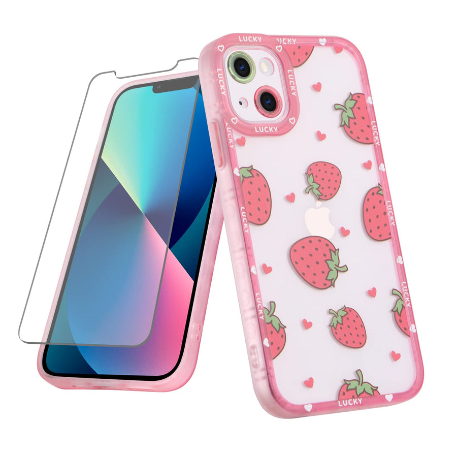 Compatible with iPhone 13 Case Pink Strawberry Cute Pattern Soft TPU Case for Girls Women + 1* Screen Protector, Camera Hole Protective Phone Case