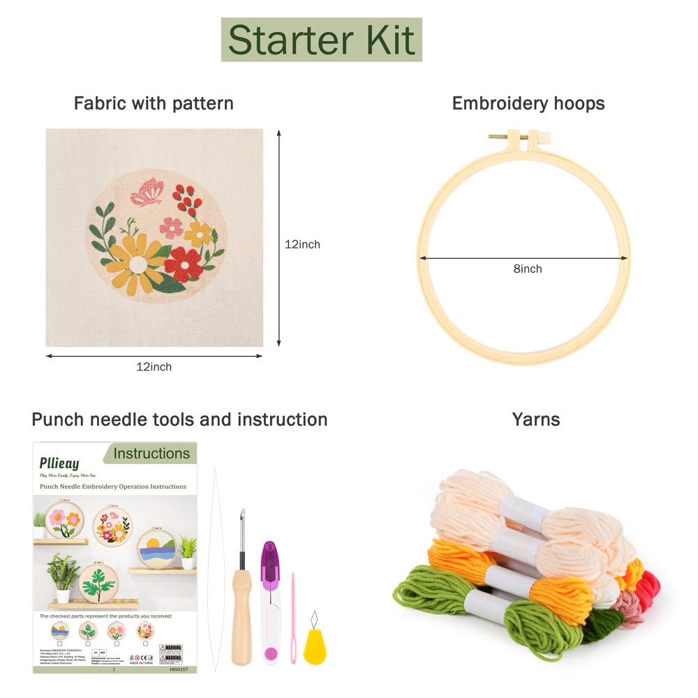 Punch Needle Embroidery Starter Kits for Kids and Adults Beginners, Include Instructions, Punch Needle Fabric with Floral Pattern, Yarns, Embroidery Hoops and Threader Tools