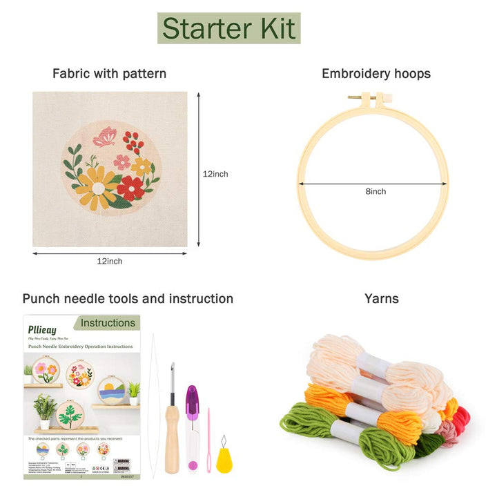 Punch Needle Embroidery Starter Kits for Kids and Adults Beginners, Include Instructions, Punch Needle Fabric with Floral Pattern, Yarns, Embroidery Hoops and Threader Tools