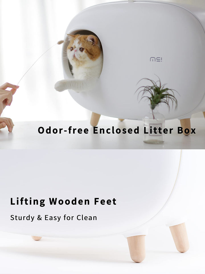 Cat Litter Box (with Litter Mat), Enclosed Design, Large Space Litter Box with Lid, Prevent Sand Leakage and Isolate Odors, Easy to Clean, with Cat Litter Scoop - White
