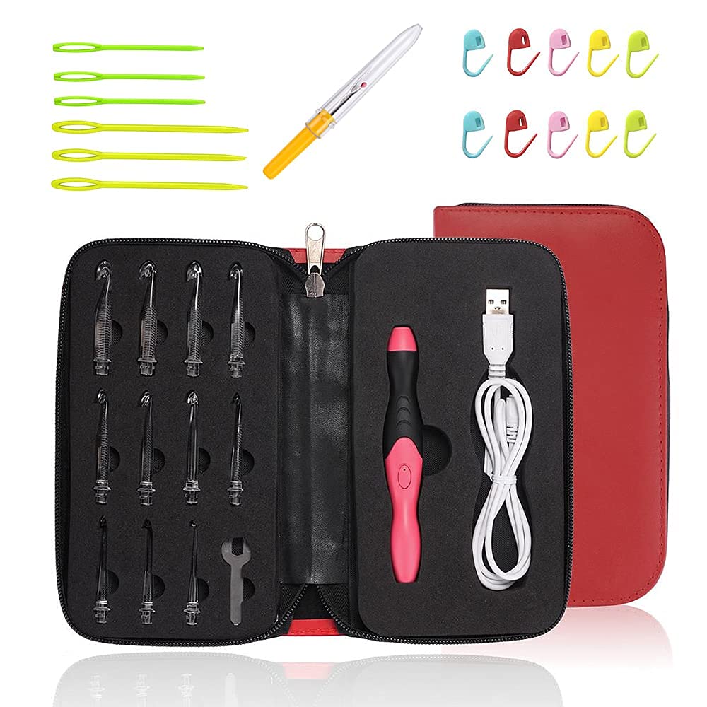Lighted Crochet Hooks,11 Size Interchangeable Heads 2.5mm to 8.0mm with Ergonomic Grip Handles,USB Rechargeable LED Lighted Crochet Hooks Complete Set for Arthritic Hands (Red)