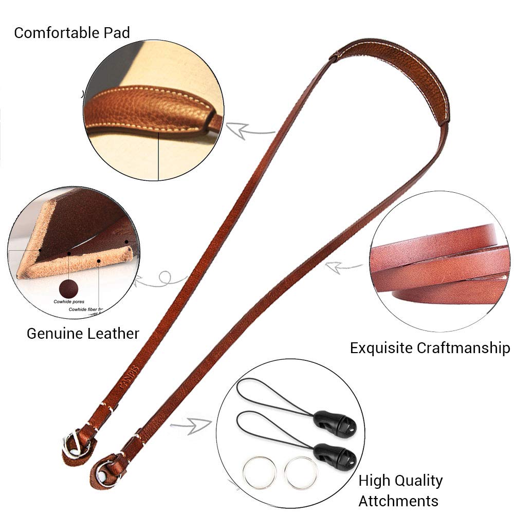 CP005 Leather Camera Neck Shoulder Strap with Pad, Mirrorless Camera Strap Compatible with Sony Leica Nikon Fujifilm Olympus Panasonic (Color: Brown, Length 108cm)