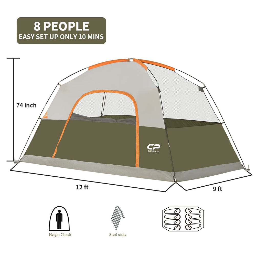 Tent 8 Person Camping-Tents, Waterproof Windproof Family Dome Tent with Top Rainfly, Large Mesh Windows, Double Layer, Easy Set Up, Portable with Carry Bag - Olive