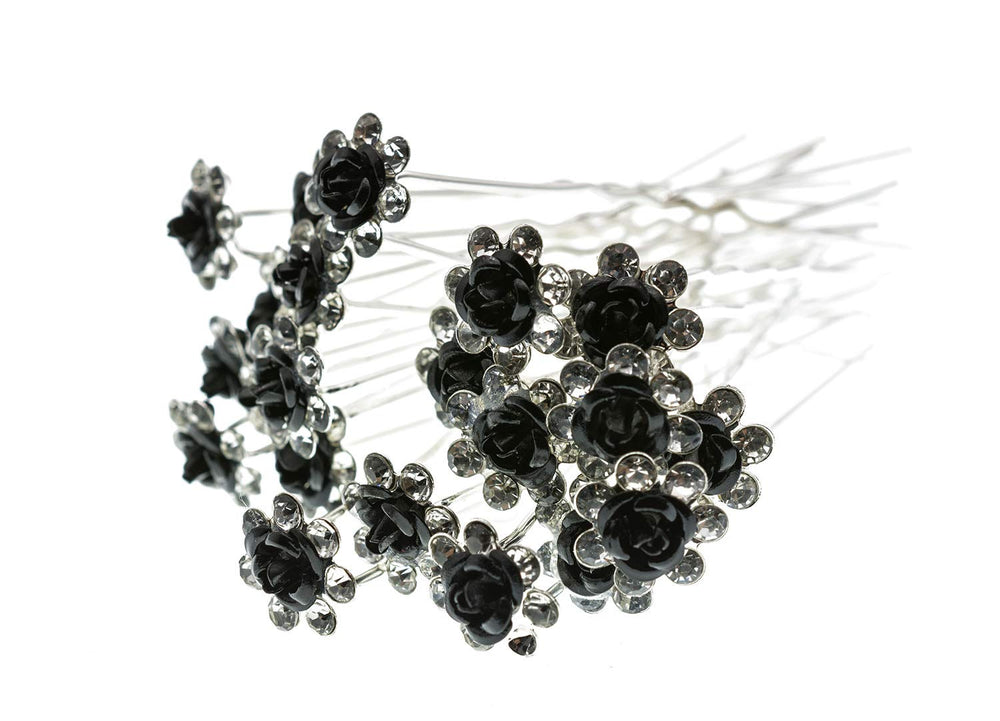 20 Pcs/Lot Women Wedding Bridal Clear Crystal Rhinestone Rose Flower Hair Pin Clips Hair Accessories Jewelry Barrettes Headwear(Black)