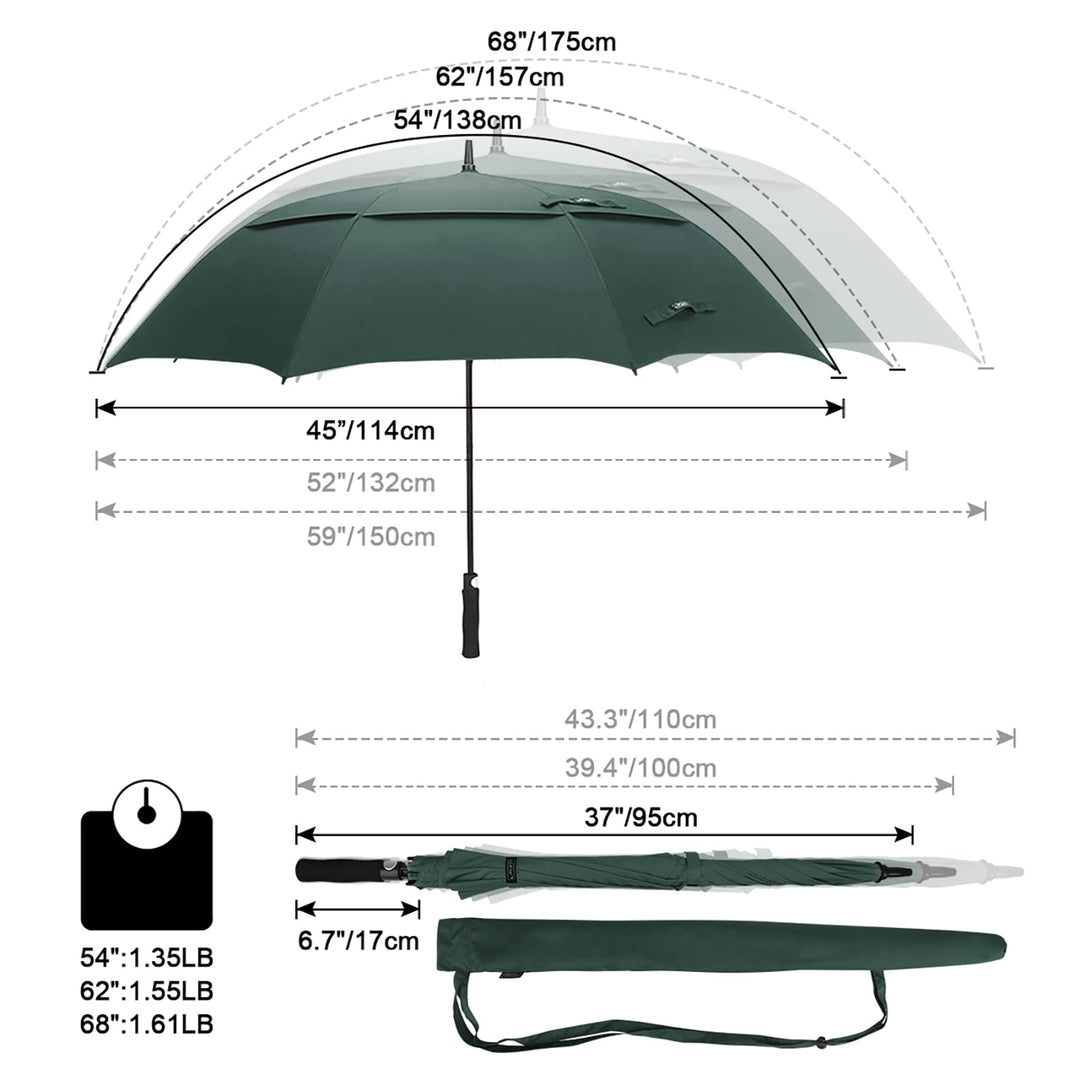 62 Inch Automatic Open Golf Umbrella Extra Large Oversize Double Canopy Vented Windproof Waterproof Stick Umbrellas(Dark Green)