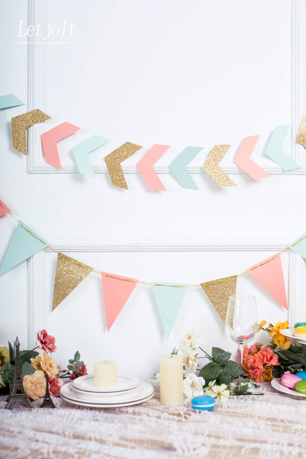 10 Feet Mint Coral New Years Banner Decoration New Year Eve Supplies Paper Banner Garland Glitter Gold Pennant Banner for Baby Shower Birthday Party Nursery Decoration 15 Pieces (Gold Coral Mint)