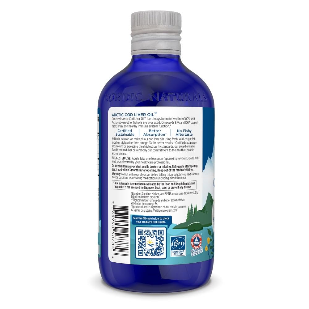 Arctic Cod Liver Oil, Lemon - 8 oz - 1060 mg Total Omega-3s with EPA & DHA - Heart & Brain Health, Healthy Immunity, Overall Wellness - Non-GMO - 48 Servings