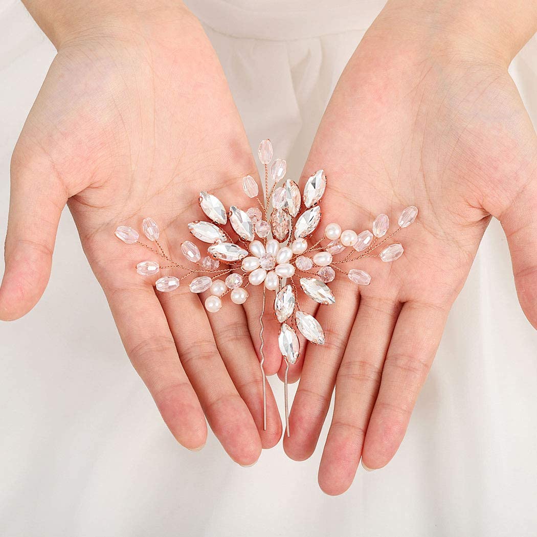Bride Wedding Rhinestone Hair Pins Crystal Bridal Hair Pieces Wedding Hair Accessories for Women and Girls (Rose Gold)