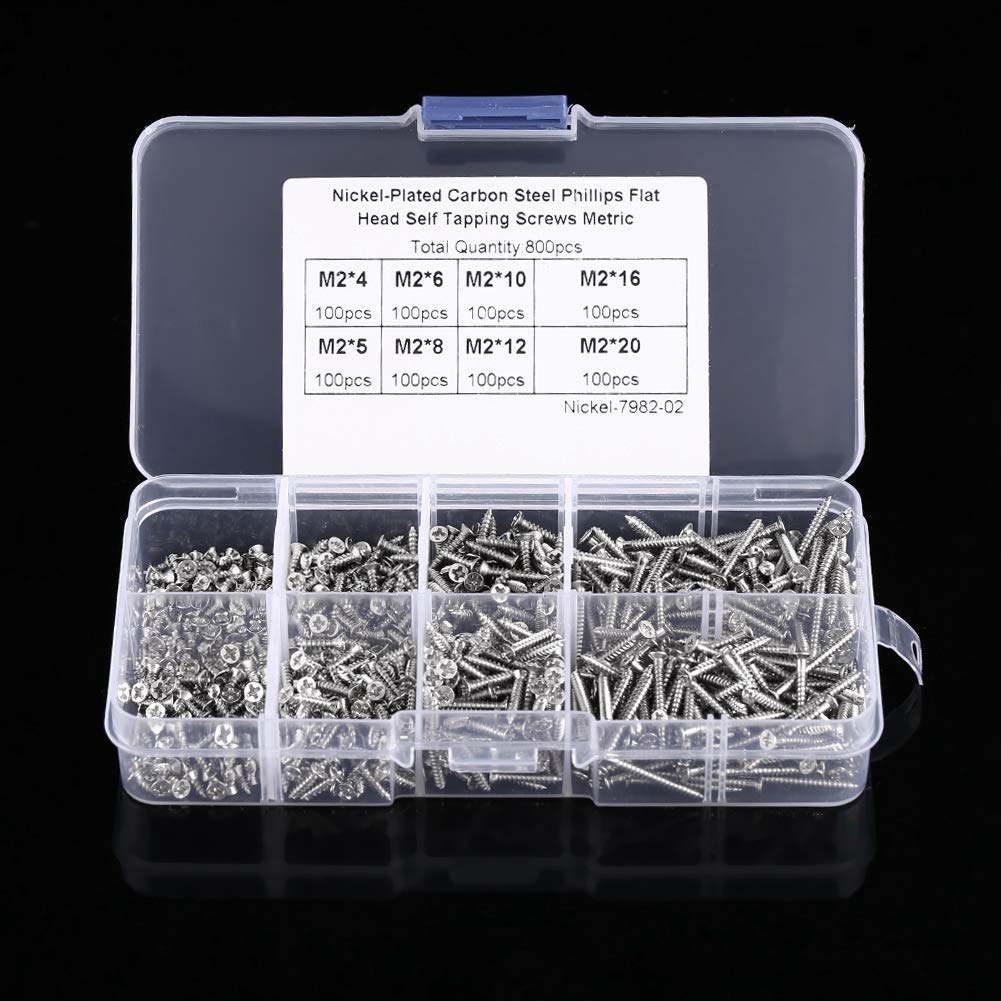 800pcs M2 Flat Head Screws Cross Drive Flat Head Self Tapping Screws Woodworking Fastener with Box