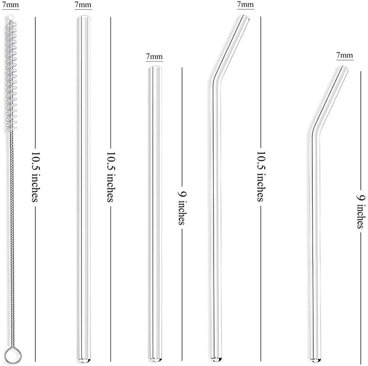 8-Pack Slim 7mm Glass Straws, Reusable Clear Drinking Straws for 20 oz 30 oz RTIC/YETI Tumblers, Tervis, Starbucks Cups, Mason Jars with 2 Cleaning Brush & 8 Silicone Tips